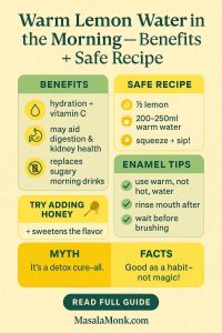 Infographic on warm lemon water in the morning—benefits, safe recipe, enamel tips, myth vs facts—MasalaMonk.com footer.