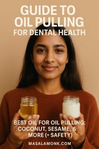 Smiling South Asian woman in a warm, minimal setting holding two small jars labeled coconut oil and sesame oil; elegant headline “Guide to Oil Pulling for Dental Health” with MasalaMonk.com footer.