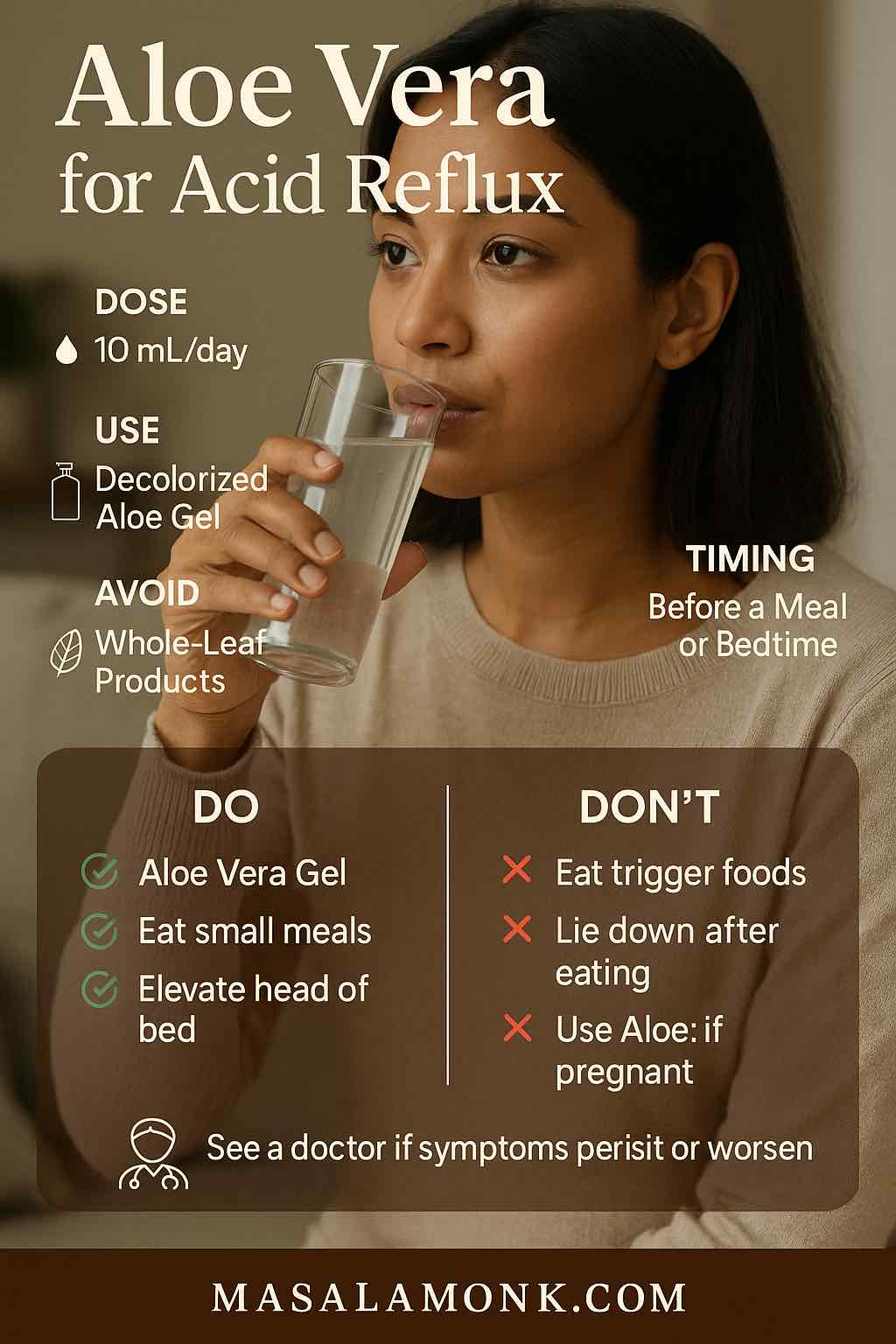 Aloe vera for acid reflux infographic with a person sipping aloe gel; dose 10 mL/day, use decolorized inner gel, avoid whole-leaf, take before meals or at bedtime.