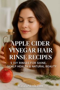 Photorealistic magazine-style cover showing a woman with glossy hair being rinsed with apple cider vinegar, surrounded by apples and herbs in a luxury spa setting. Text overlay reads: Apple Cider Vinegar Hair Rinse Recipes – 5 DIY rinses for shine, scalp health & natural beauty. Footer: MasalaMonk.com.
