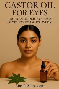 Portrait cover: South Asian woman with natural makeup holds an amber castor-oil dropper beside a castor leaf; headline reads ‘Castor Oil for Eyes’; MasalaMonk.com footer—guide to dry eyes, under-eye bags, styes, eczema & Ayurveda.