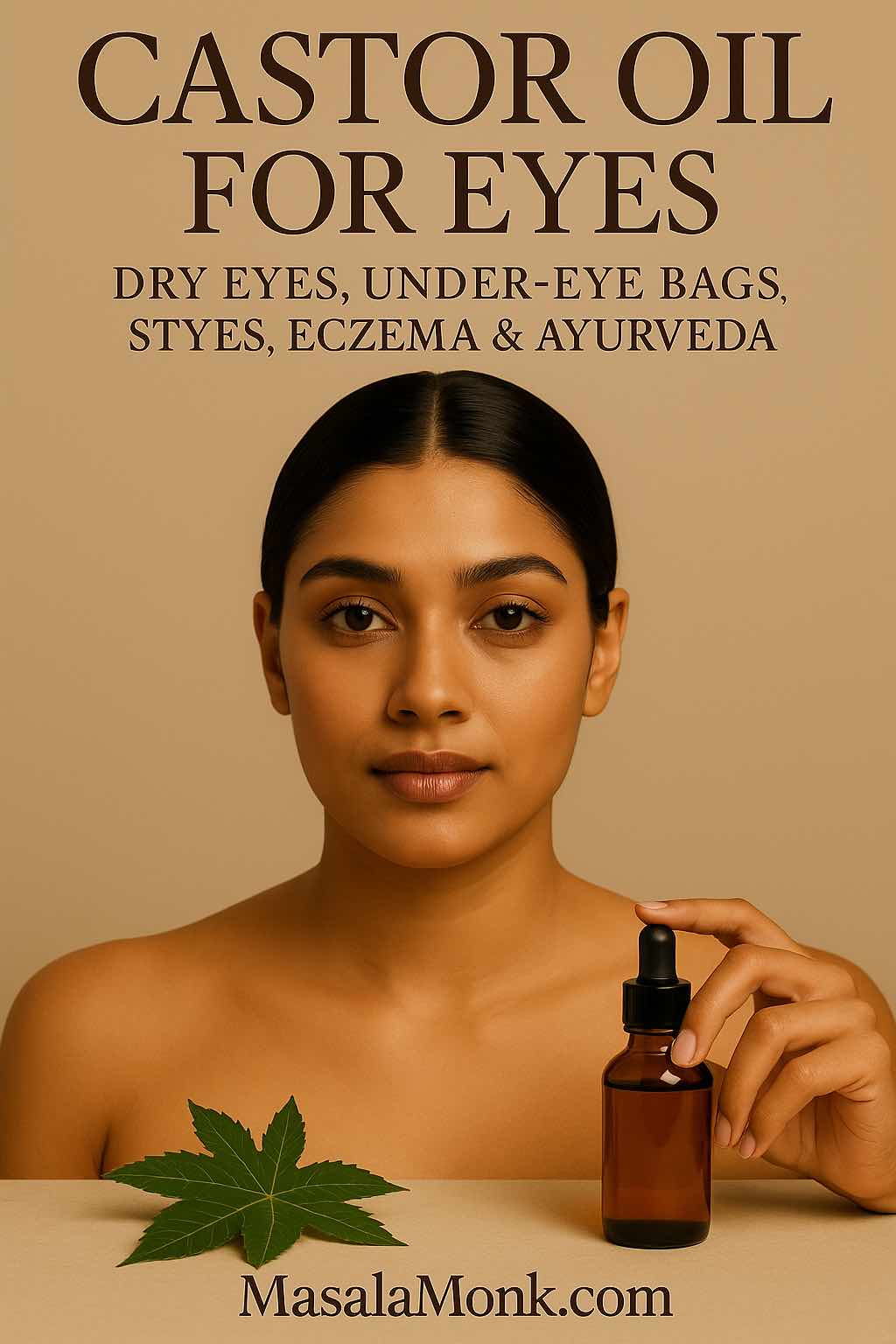 Portrait cover: South Asian woman with natural makeup holds an amber castor-oil dropper beside a castor leaf; headline reads ‘Castor Oil for Eyes’; MasalaMonk.com footer—guide to dry eyes, under-eye bags, styes, eczema & Ayurveda.