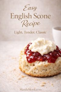 Split English scone topped with strawberry jam and clotted cream for an easy English scone recipe cover image.