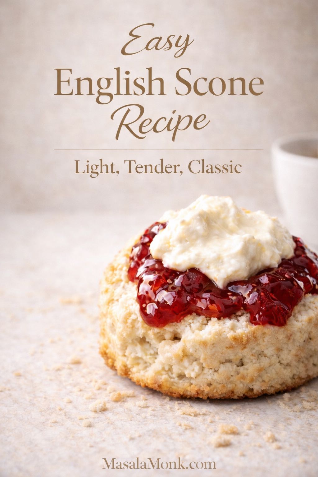 Split English scone topped with strawberry jam and clotted cream for an easy English scone recipe cover image.
