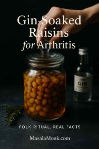 Hand closing lid on jar of gin-soaked golden raisins with a small gin bottle—Gin-Soaked Raisins for Arthritis.