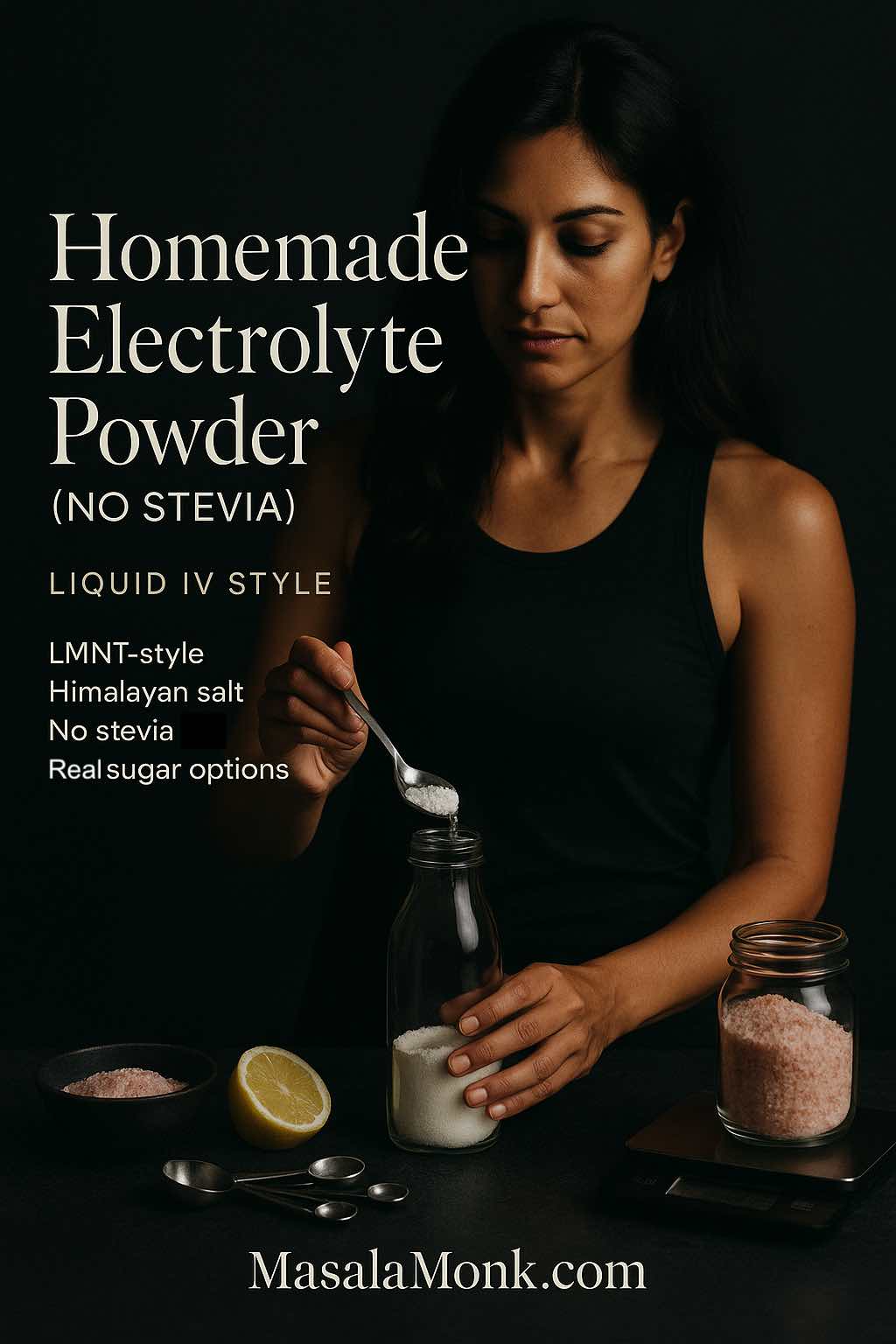 Woman mixing homemade electrolyte powder (no stevia) in a glass bottle; Himalayan salt, lemon, and measuring spoons on a dark countertop.