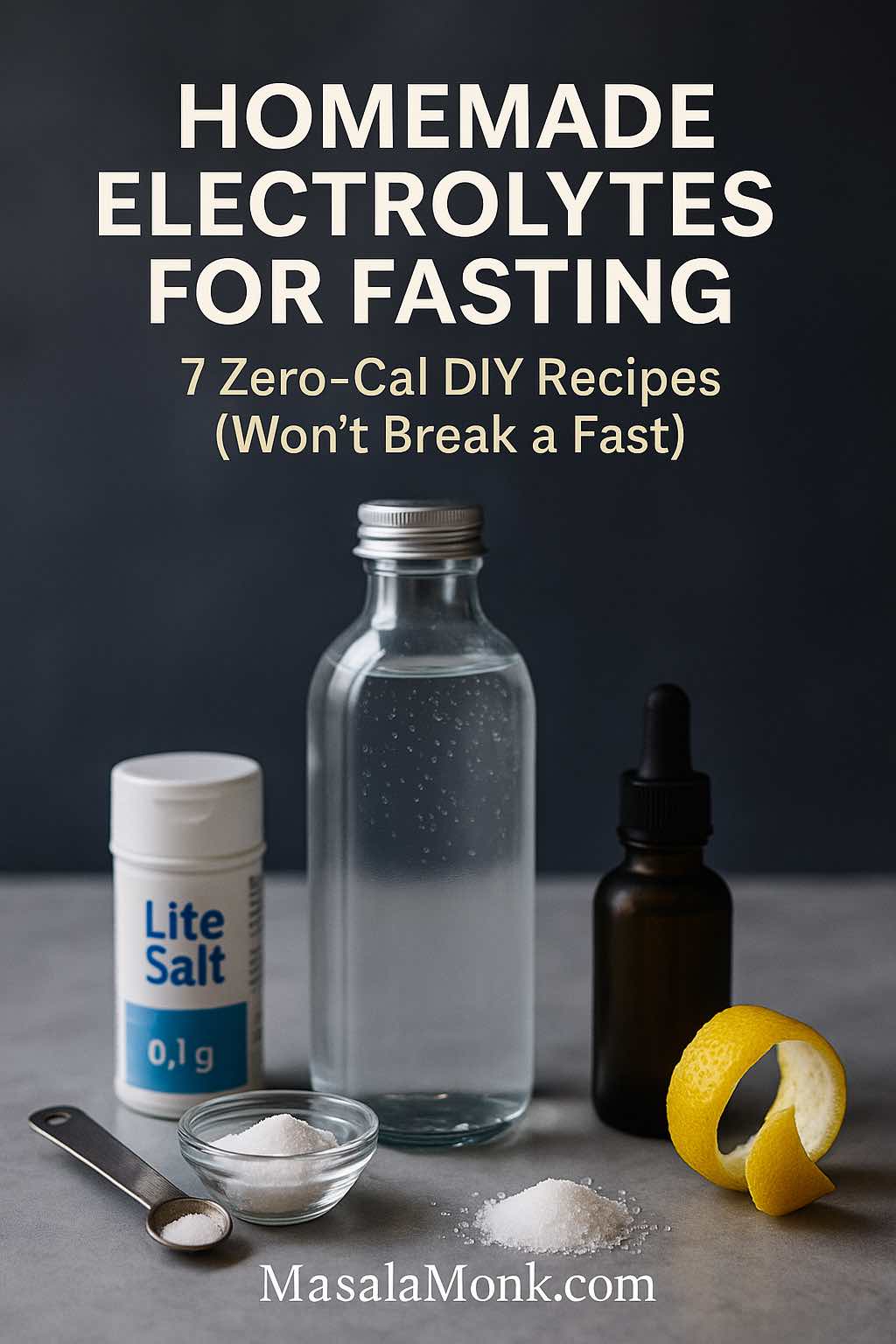 Homemade electrolytes for fasting cover showing a glass bottle of electrolyte water with lite salt, magnesium drops, lemon peel, and a measuring spoon.