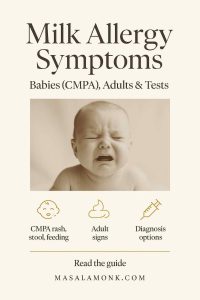 Milk allergy symptoms explained for babies (CMPA) and adults, with clear headline, simple icons, and MasalaMonk.com in the footer.