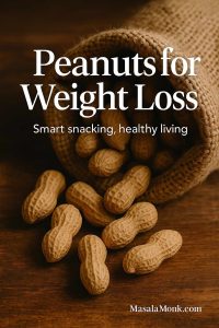 Unshelled peanuts spilling out of a jute bag on rustic wooden background – peanuts for weight loss concept.