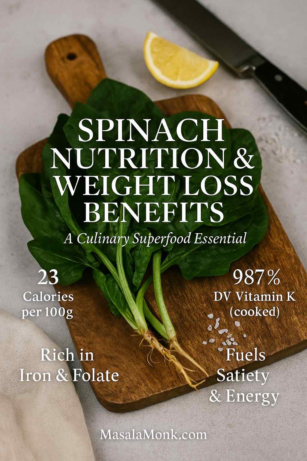 Fresh spinach on a chopping board with lemon and salt, overlaid with facts highlighting its nutrition and weight loss benefits — only 23 calories per 100g, rich in vitamin K, iron, and folate.
