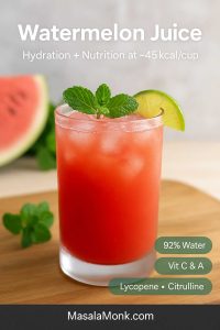Fresh watermelon juice on ice, garnished with mint and a lime wedge; summer hydration drink to show its benefits.