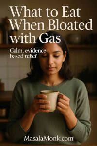 Magazine-style cover: South Asian woman holding a warm mug in a cozy kitchen with the headline “What to Eat When Bloated with Gas”.