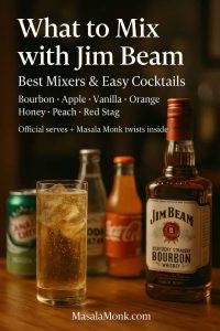 Portrait cover for “What to Mix with Jim Beam,” featuring a Jim Beam bottle, copper mule mug, highball glass, ginger beer, soda, lemonade, fresh citrus, and MasalaMonk.com footer branding