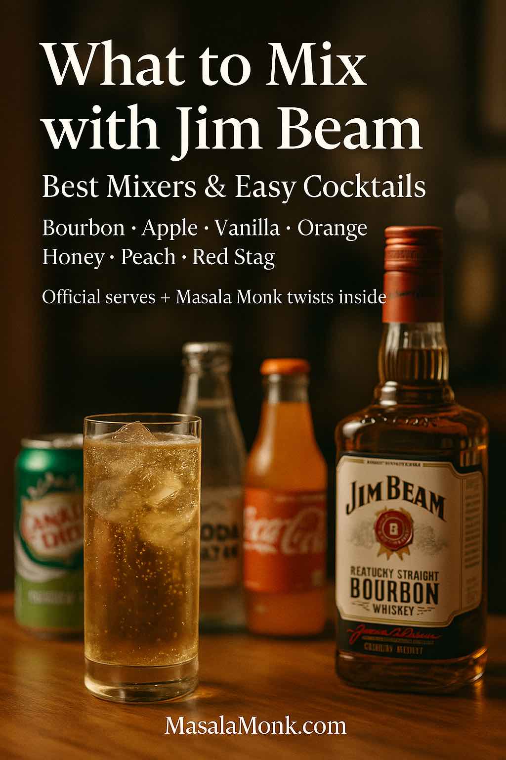 Portrait cover for “What to Mix with Jim Beam,” featuring a Jim Beam bottle, copper mule mug, highball glass, ginger beer, soda, lemonade, fresh citrus, and MasalaMonk.com footer branding
