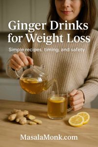Woman pouring lemon-ginger tea from a glass teapot into a glass mug on a wooden counter with fresh ginger and lemon; portrait cover image for ginger drinks for weight loss.