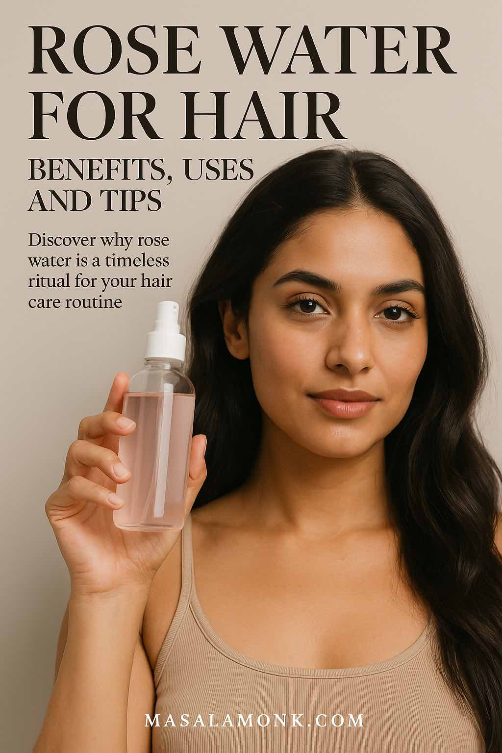 South Asian woman holding a rose water spray bottle near her face with overlay text “Rose Water for Hair – Benefits, Uses and Tips” promoting MasalaMonk.com.