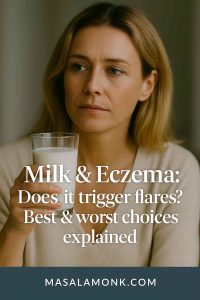 Close-up portrait of a thoughtful woman holding a glass of milk, representing the question of whether milk triggers eczema. Text overlay reads: “Milk & Eczema: Does it trigger flares? Best & worst choices explained.” MasalaMonk.com footer included.