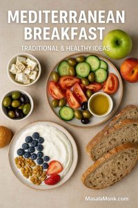 Photorealistic portrait of a Mediterranean breakfast spread with bread, olives, cheese, yogurt, fruit, and coffee, styled like a premium magazine cover.