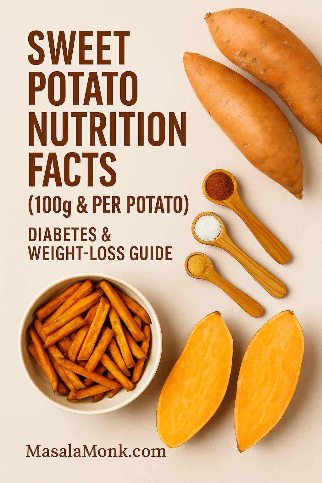 Sweet potato nutrition facts (100g & per potato) with healthier fries—diabetes-friendly portions and weight-loss tips | MasalaMonk