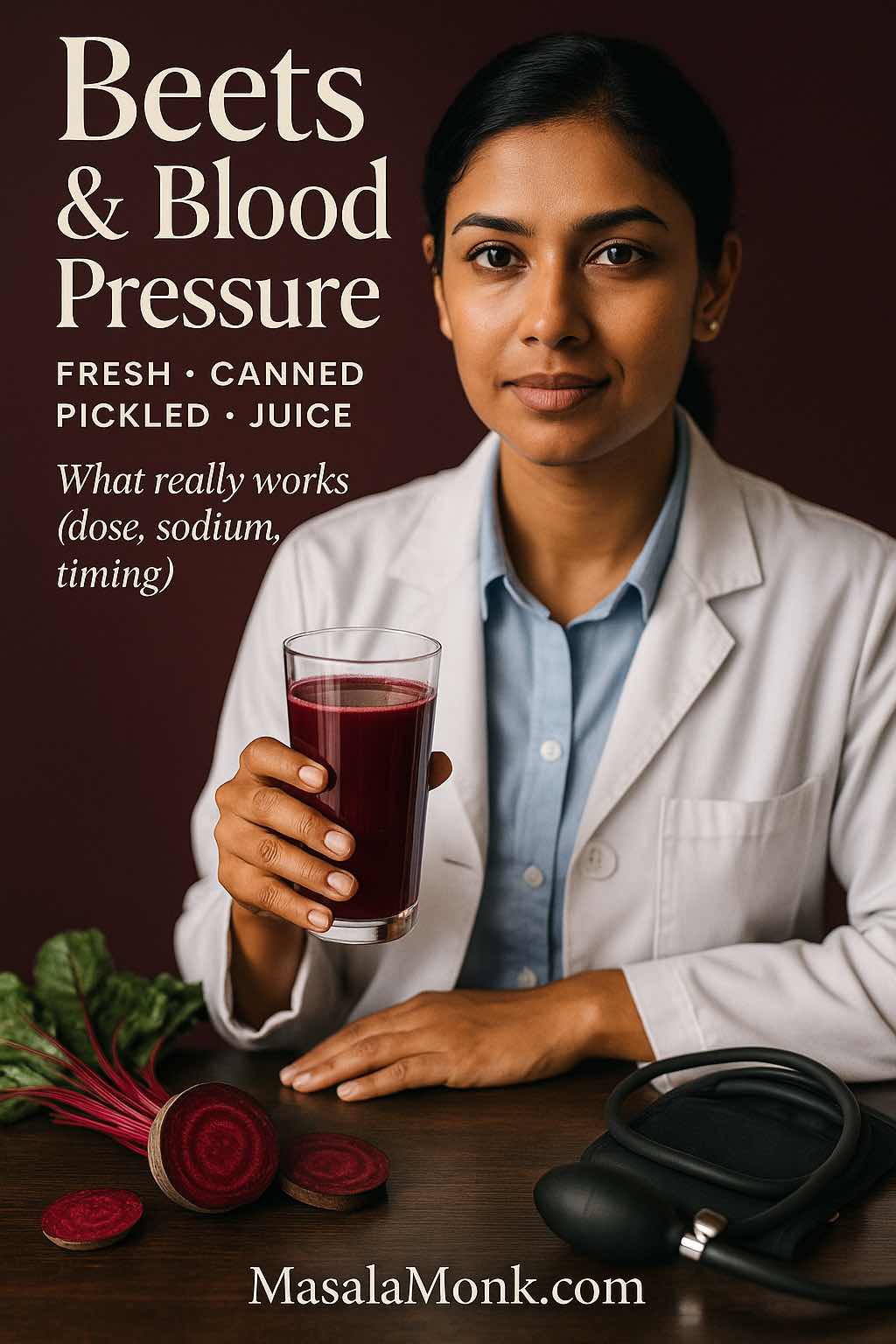 South Asian woman holding beet juice beside a blood pressure cuff and fresh beets—beets and blood pressure cover image