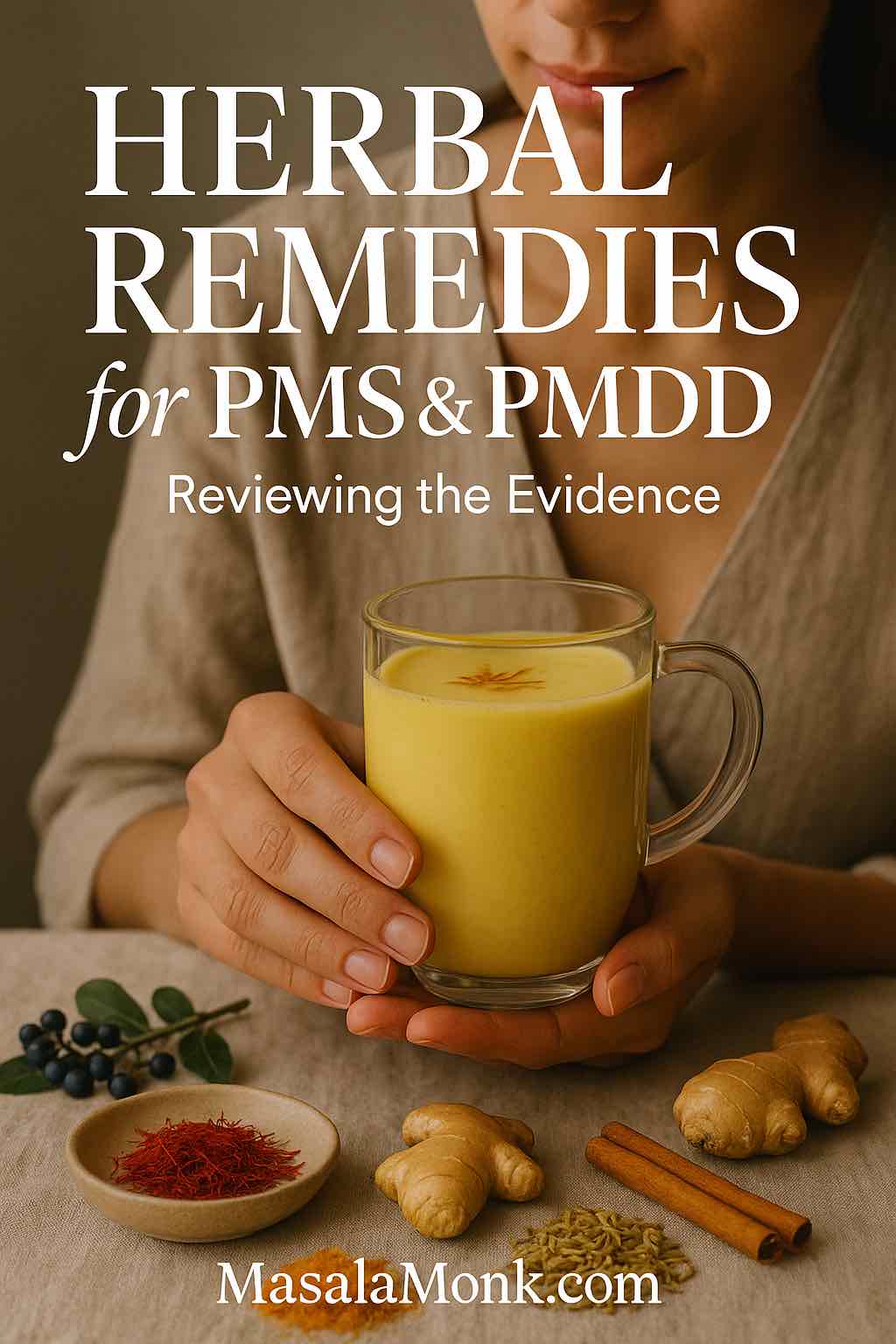 Woman holding saffron golden milk beside saffron threads, fresh ginger, cinnamon sticks and fennel seeds—elegant cover visual for best herbs for PMS & PMDD