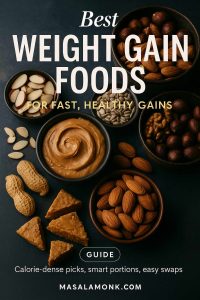 Flat lay of nuts, peanut butter, and seeds with bold text “Best Weight Gain Foods — For Fast, Healthy Gains”; MasalaMonk.com footer.
