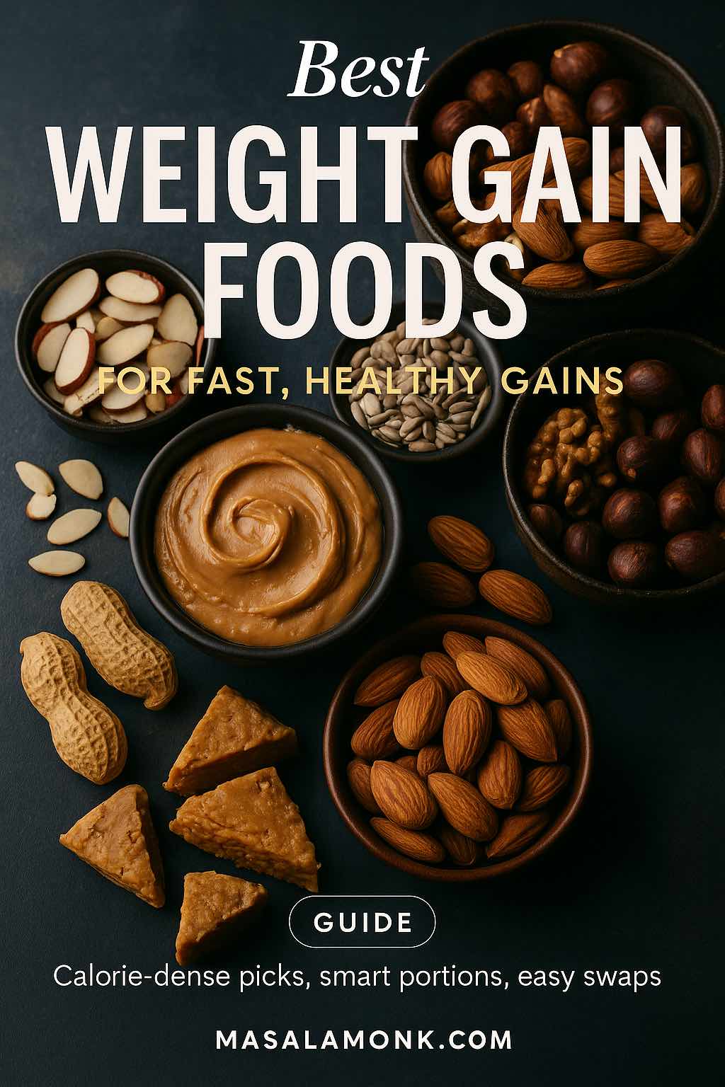Flat lay of nuts, peanut butter, and seeds with bold text “Best Weight Gain Foods — For Fast, Healthy Gains”; MasalaMonk.com footer.