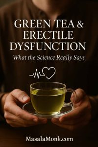 Close-up of male hands holding a glass cup of green tea, magazine-style portrait cover about green tea and erectile dysfunction.
