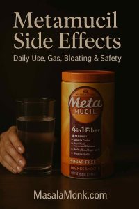Moody magazine-style cover showing a hand holding a glass of water beside a Metamucil container—evoking daily use, gas, bloating, side effects, and safety.