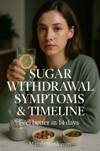 Portrait cover showing a woman with lemon water beside chia pudding, nuts and pickles—illustrating sugar withdrawal symptoms, timeline and relief strategies.
