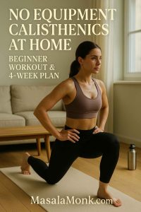 no equipment calisthenics at home—beginner performing a reverse lunge on a yoga mat in a bright living room