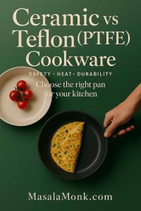 Ceramic vs Teflon (PTFE) cookware cover—hand holding a PTFE pan with omelette, beige ceramic plate with tomatoes on a green background.