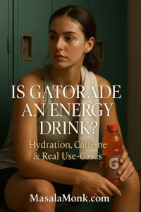 Female athlete in a locker room holding a Gatorade bottle — is Gatorade an energy drink? Hydration, caffeine and real use-cases cover image.