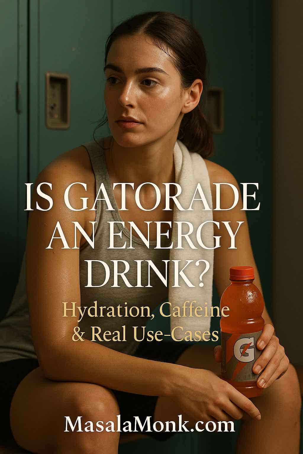 Female athlete in a locker room holding a Gatorade bottle — is Gatorade an energy drink? Hydration, caffeine and real use-cases cover image.