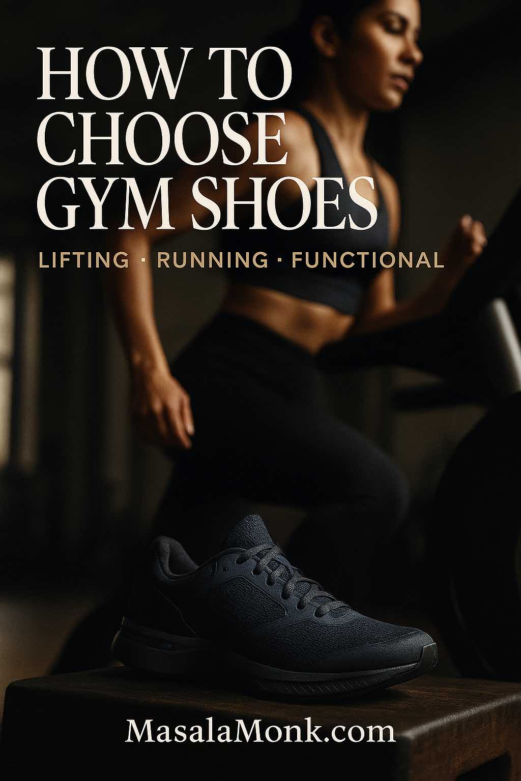 Woman running on a treadmill with a cross-trainer in foreground; cover for how to choose gym shoes (lifting, running, functional).