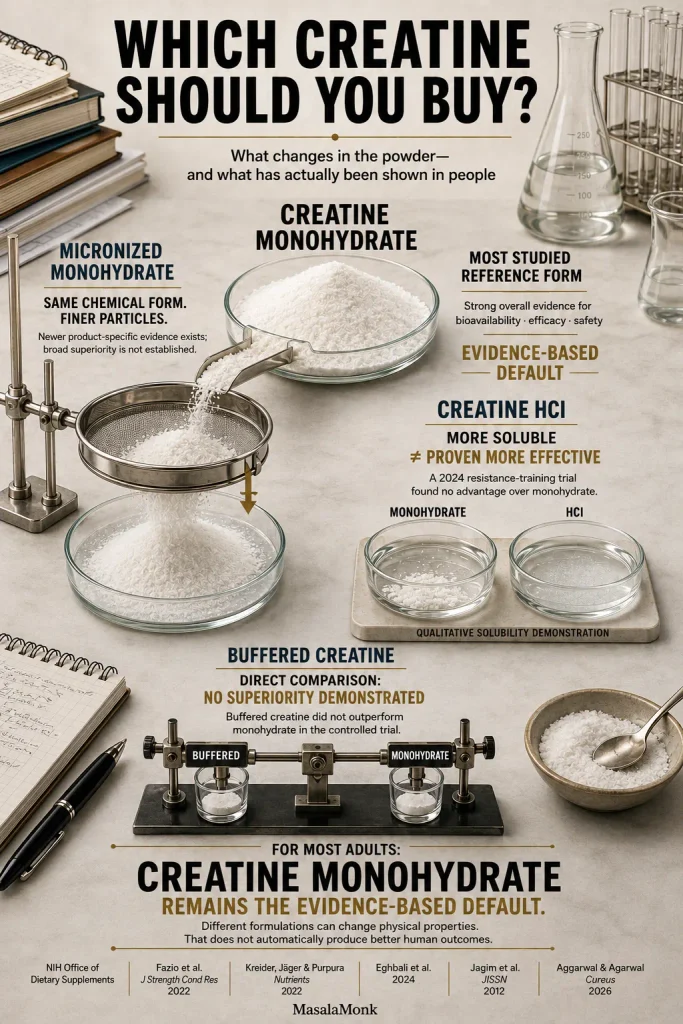 Laboratory-style comparison of creatine monohydrate, micronized monohydrate, creatine HCl and buffered creatine, showing micronized as finer-particle monohydrate, HCl as more soluble without proven better outcomes, and monohydrate as the most established reference form.