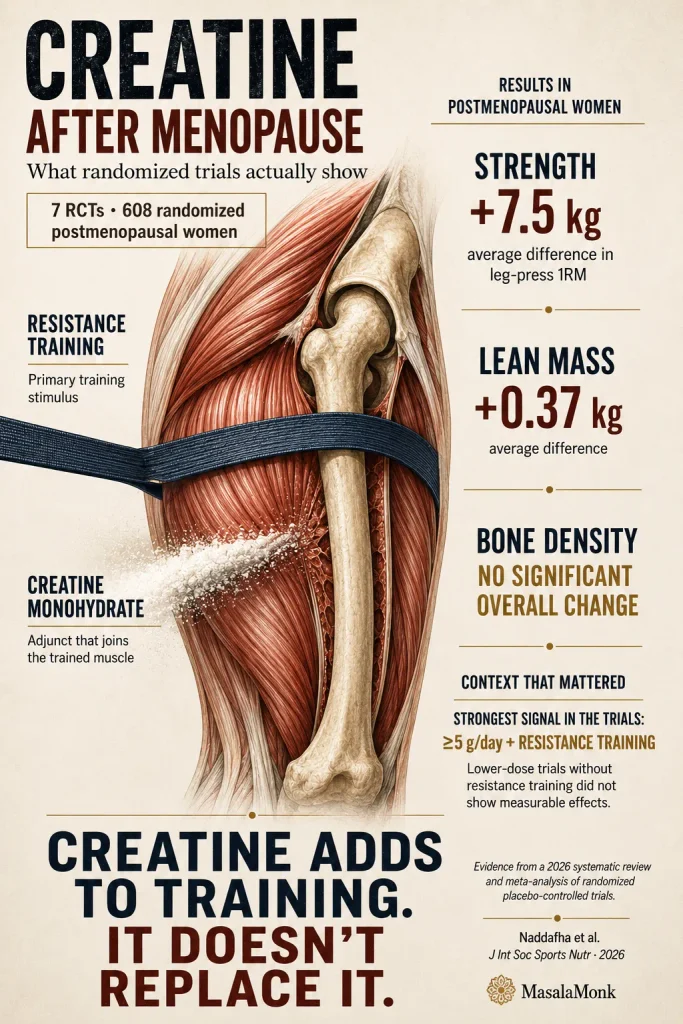 Postmenopause creatine graphic with a female muscle-and-bone model under resistance-training tension, summarizing seven randomized trials: average leg-press strength improved by 7.5 kg, lean mass by 0.37 kg, while bone density showed no significant overall change.