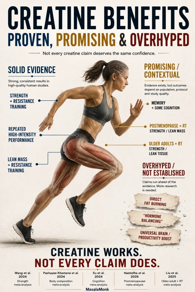 Creatine evidence graphic organizing benefits by strength of research, with the clearest support for strength, repeated high-intensity performance and resistance-training outcomes, while cognition and recovery are less certain and endurance benefits are weaker.