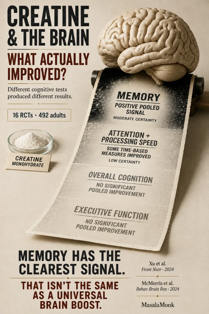 A neutral brain model above a developing evidence sheet, with the strongest print for memory, a lighter low-certainty signal for attention and processing speed, and no significant pooled improvement shown for overall cognition or executive function.