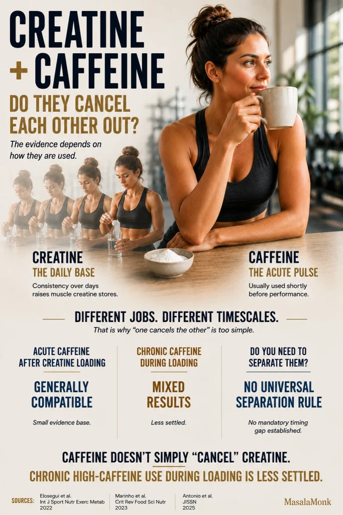The same athletic woman appears repeatedly mixing daily creatine and once drinking coffee before training, contrasting creatine as a daily strategy with caffeine as an acute stimulant; the graphic labels acute post-loading caffeine as generally compatible, chronic use during loading as mixed, and states that no universal separation rule exists.