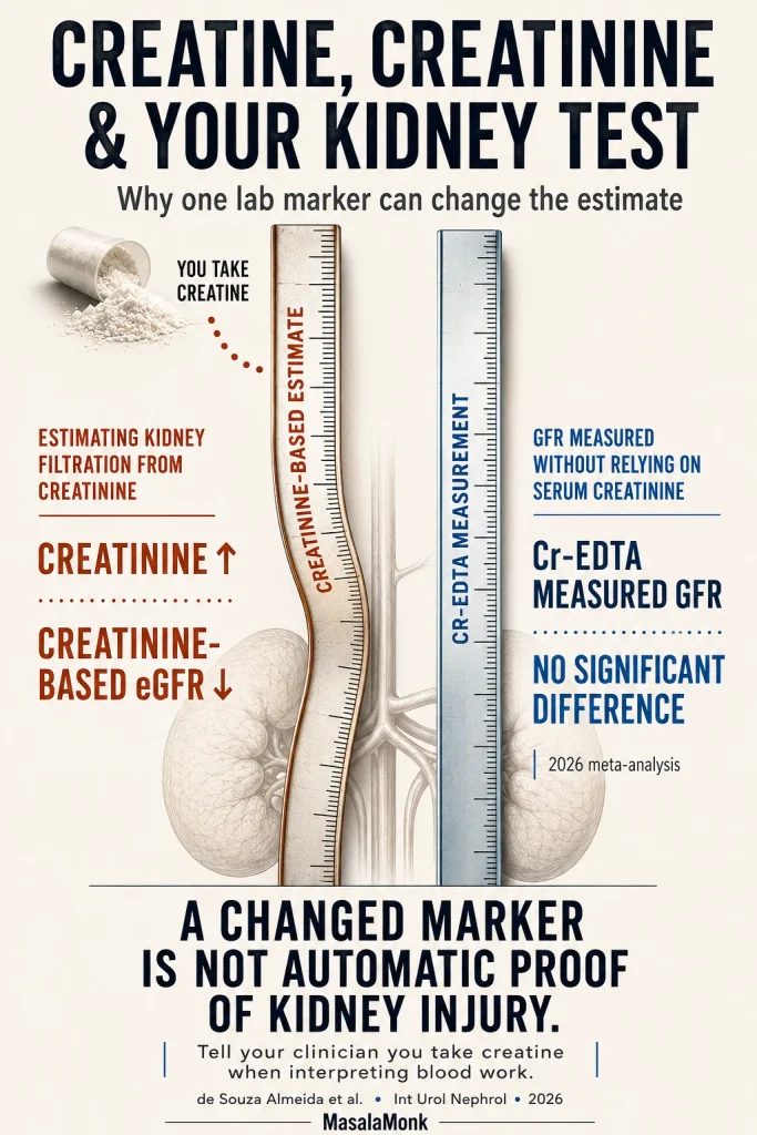 Editorial kidney-test graphic separating creatine use, serum creatinine and kidney filtration, explaining that creatine can affect creatinine-based kidney estimates even when directly measured filtration does not show the same impairment.