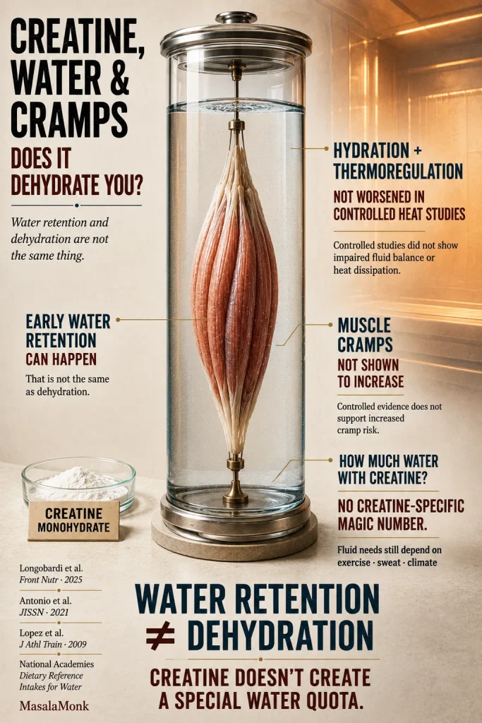 A muscle specimen suspended in a clear fluid chamber under controlled heat illustrates that early water retention is not the same as dehydration; text notes that hydration and thermoregulation were not worsened, cramps were not shown to increase, and no universal creatine-specific water intake exists.