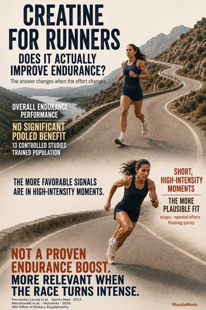 The same female runner appears twice on a mountain road, first at a steady endurance pace and later accelerating hard; the graphic reports no significant pooled endurance benefit across 13 controlled studies but more favorable signals in short high-intensity efforts.