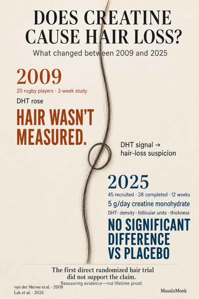 Creatine hair-loss evidence timeline comparing the 2009 study that reported a DHT increase with a 2025 randomized trial that directly measured hair density, follicular units and hair thickness and found no significant difference between creatine and placebo.