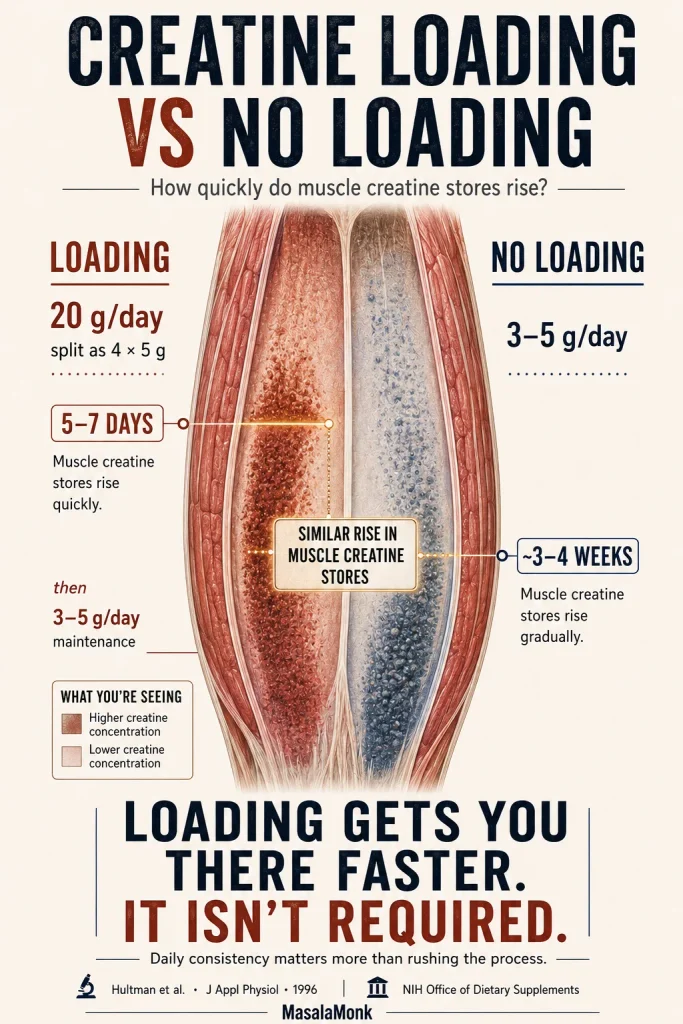 A skeletal-muscle visual compares creatine loading with no loading: 20 g/day split into four 5 g doses reaches elevated muscle creatine stores in about 5–7 days, while 3–5 g/day reaches a similar rise more gradually over about 3–4 weeks.