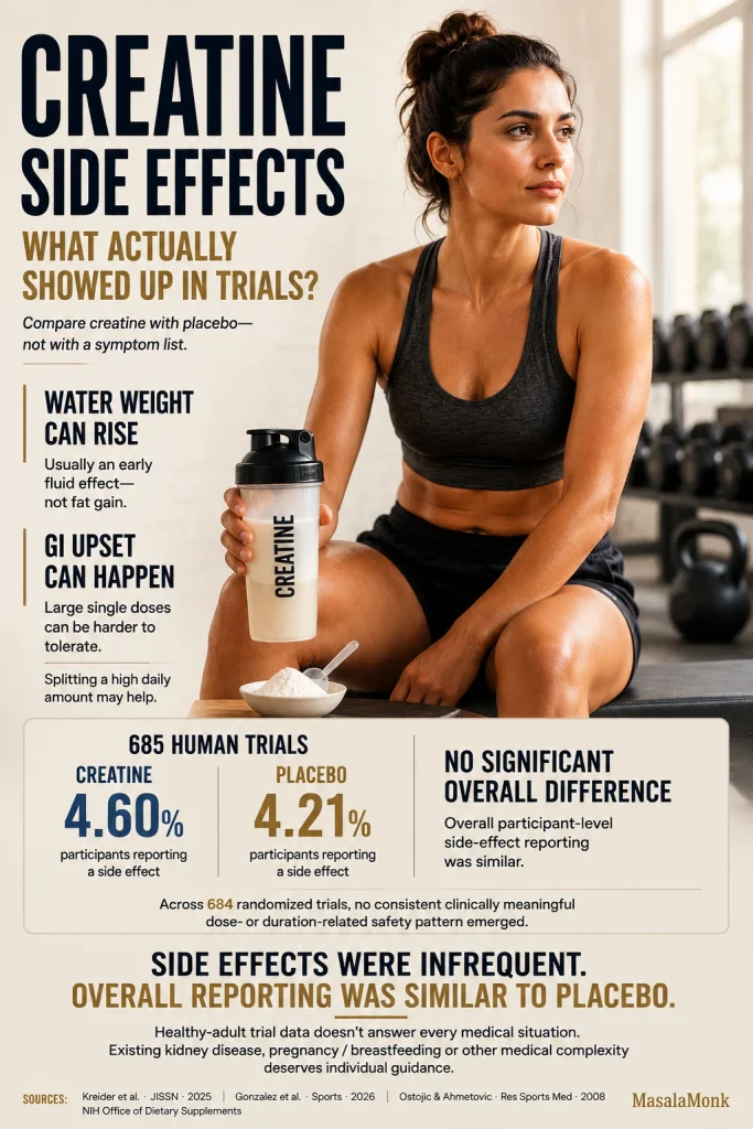 An athletic woman sits in a gym holding a creatine drink beside loose creatine powder; callouts describe possible water-weight gain and GI upset, while a 685-trial comparison shows side-effect reporting of 4.60% with creatine and 4.21% with placebo, with no significant overall difference.