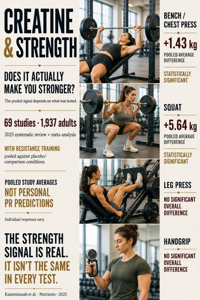 Four female athletes perform a bench or chest press, squat, leg press and handgrip test; pooled results show a 1.43 kg average improvement for bench or chest press and 5.64 kg for squat, with no significant overall difference for leg press or handgrip.