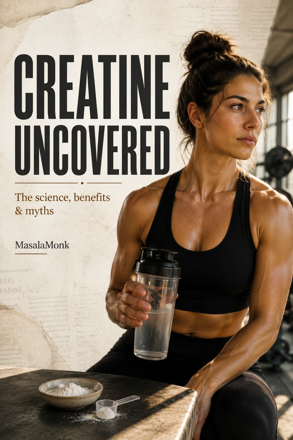 Athletic woman in a sunlit gym holding a clear shaker beside a small bowl and scoop of white creatine powder, with the title “Creatine Uncovered: The science, benefits & myths.”