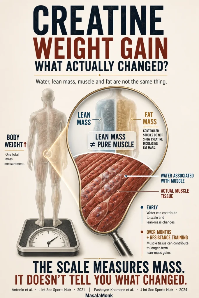 Scale-to-body-composition graphic showing body weight separating into lean mass and fat mass, then magnifying lean mass into muscle tissue and associated water to explain why creatine-related weight gain does not reveal exactly what changed.