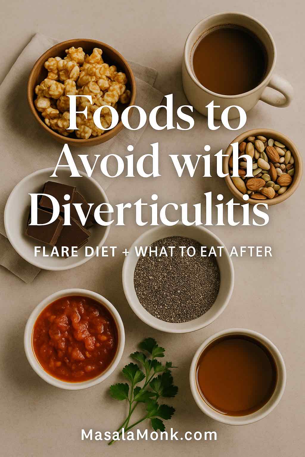 Magazine-style portrait cover showing bowls of popcorn, nuts, chia, coffee and sauces with title “Foods to Avoid with Diverticulitis” and MasalaMonk.com footer
